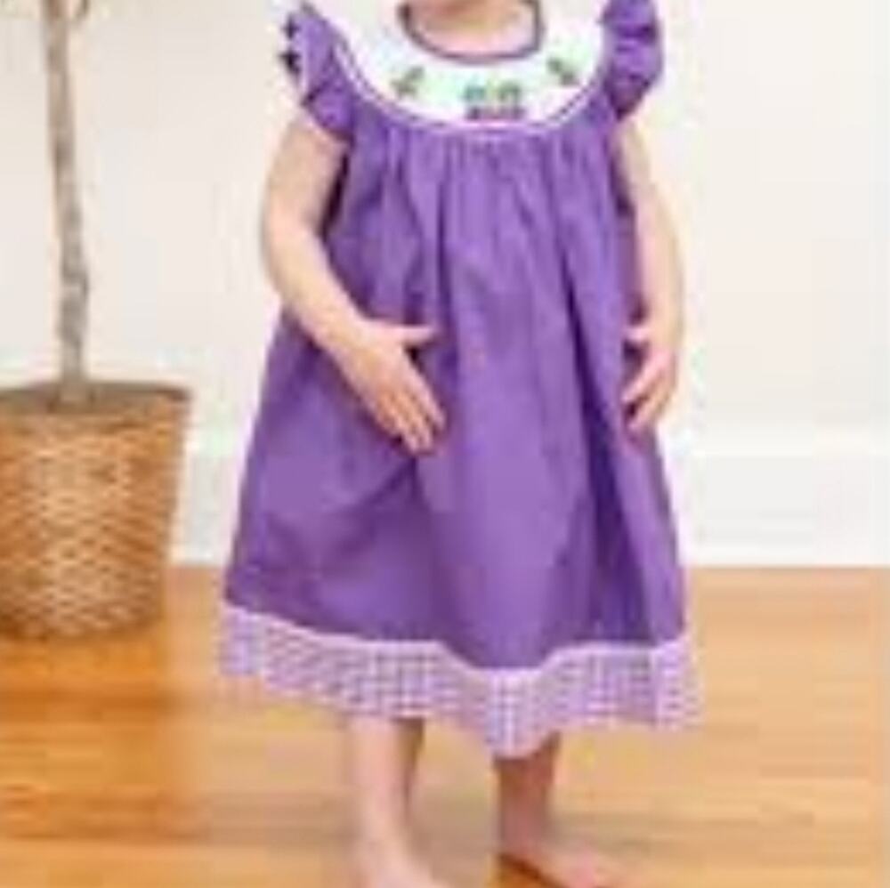 Vintage Purple Gingham Mardi Gras Smocked Bishop Dress Sz 12 Months